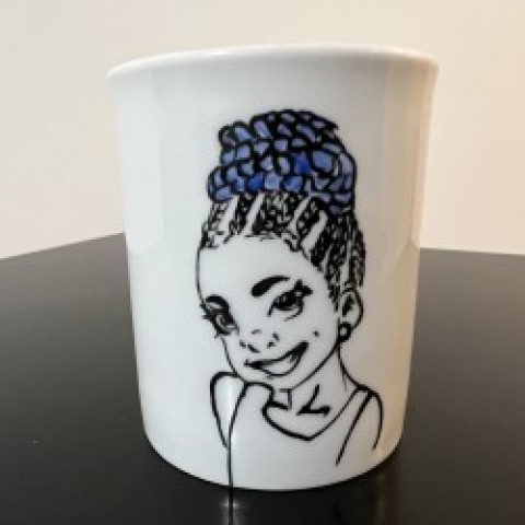 Hand-drawn and hand-painted Limoges porcelain mug.